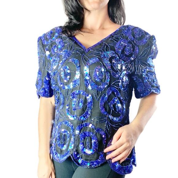 Stenay Vintage Sequin Beaded Blue Blouse Large - Picture 2 of 6